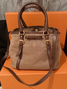 Prada Milano Jacquard 2 Way Brown Leather-Trimmed Canvas Tote